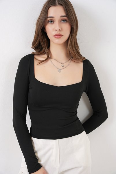 Women's Square Collar Slim Fit Blouse 986 - Black