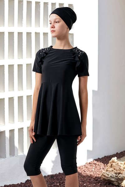Uv Protection Young Girl Short Sleeve Semi Covered Hijab Swimsuit 1907 Black