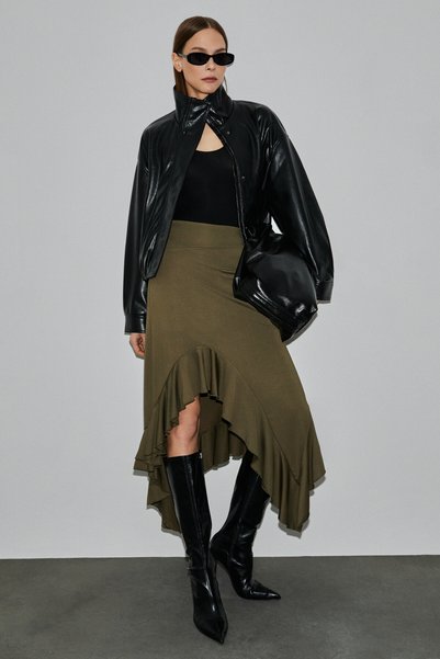 Adobre Women's Stretch Fabric Asymmetrical Cut Khaki Skirt