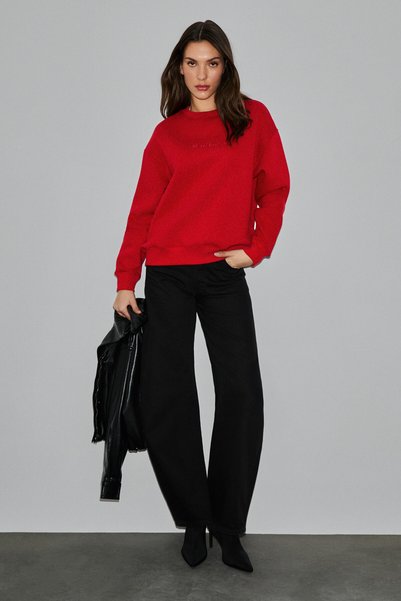 Motion Women's Organic Cotton Fleece Lined Round Neck Patch Detailed O Oversized Red Sweatshirt