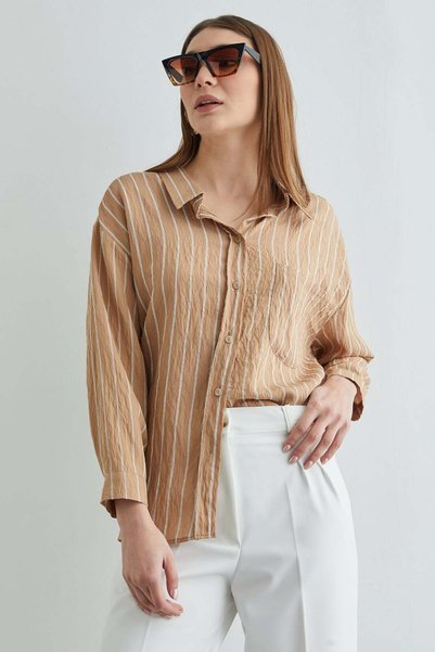 Striped Crepe Fabric Single Pocket Long Loose Shirt on the Back