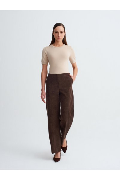 72257 Suede Trousers with Stitching Detail - Brown