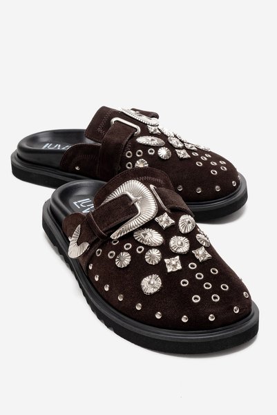 MARİL Brown Suede Genuine Leather Buckled Closed Toe Women's Slippers
