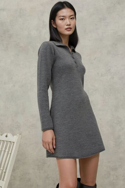 Buttoned Polo Neck Mini Knit Dress