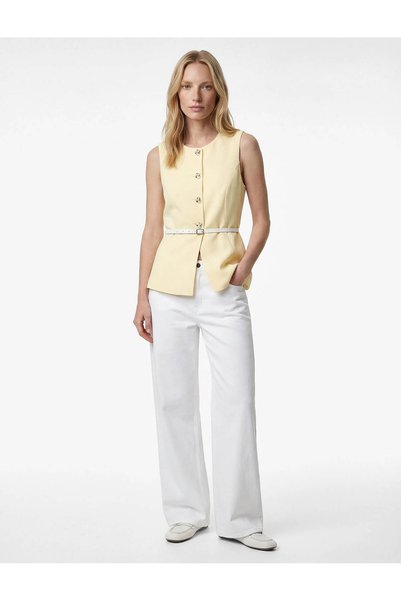 Jewel Buttoned Belted Yellow Women's Vest 6SAK20052UW