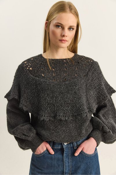 Women's Anthracite Ruffled Openwork Detailed Balloon Sleeve Ribbed Soft Knitwear Sweater 20251111
