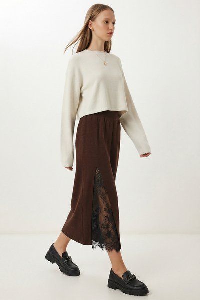 Contrast Lace Detailed Long Knitwear Skirt Lyy0136 Brown