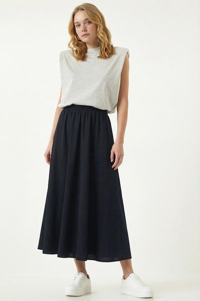 Pockets Flared Knitted Skirt Lrn0003 Dark Blue