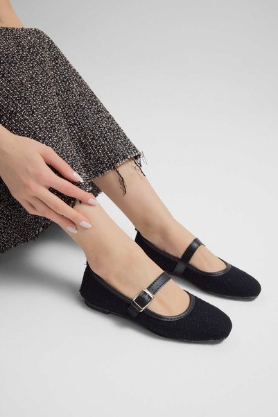 Women's Black Women's Casual Ballerinas with Top Belt and Buckle