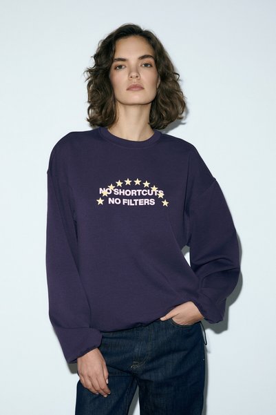 Mariela Women's Round Neck Printed Detailed Oversized Purple Sweatshirt