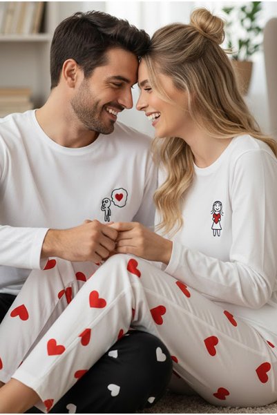 Women's White Red Heart Patterned Embroidered Knitted Pajama Set 7970