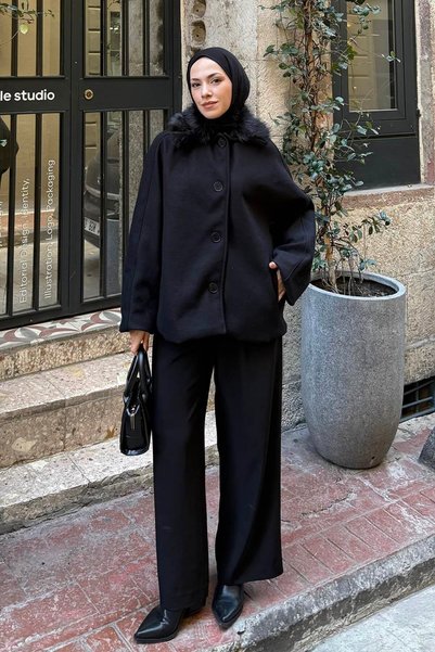 Fur Collar Coat Black