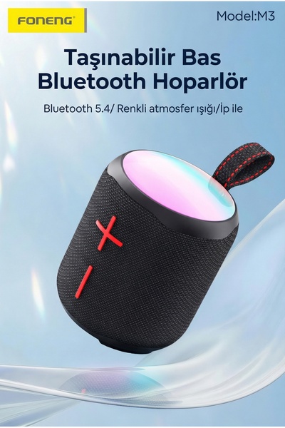 Bluetooth звучник, 10W моќен бас, FM радио, IPX5 водоотпорен, со шарено LED светло, со закачалка