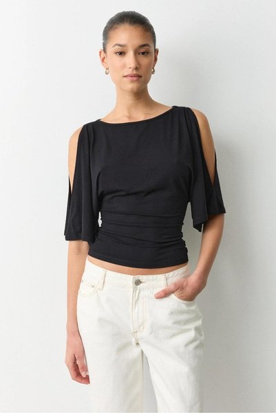 Black Gathered Waist Bat Sleeve Open Shoulder Blouse Mg2672