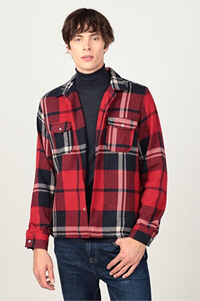 Машка Slim Fit зимска кошула со долги ракави, кариран дезен, бордо