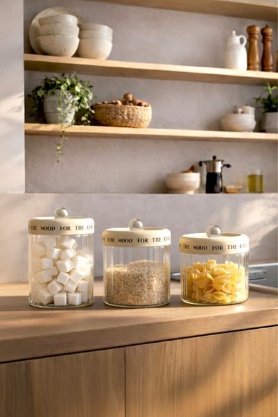 Mood 3-Piece Vacuum Sealed Cream Striped Borosilicate Glass Jar Set with Lids (1400-1100-850ml)