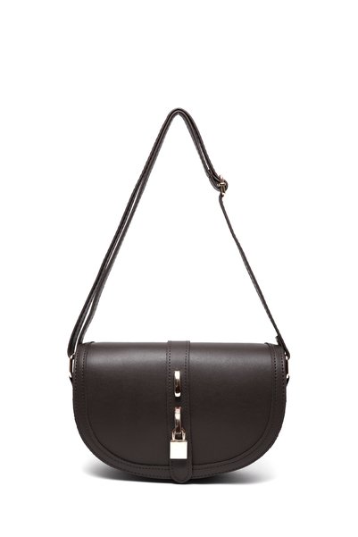 Brown Color Shk92 Faux Leather Single Compartment Snap Fastener Hand, Arm and Shoulder Bag with Lock Detail