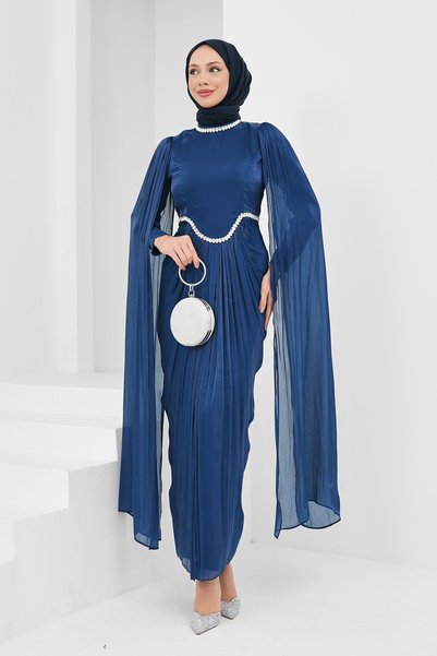 Navy Blue Draped Front Jeweled Evening Dress