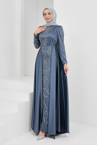 Charcoal Front Stone-Embellished Satin Evening Gown