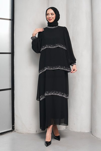 Black Chiffon Evening Dress with Stone Detail on the Collar and Layers