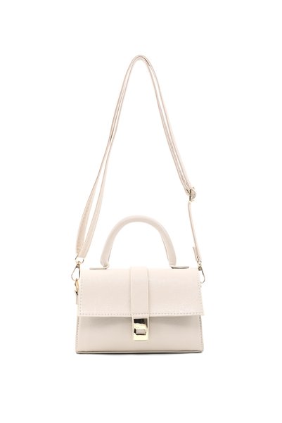 Wrinkled Textured Cream Shk308 Faux Leather Single Compartment, Hand, Arm and Shoulder Bag with Snap Fasteners