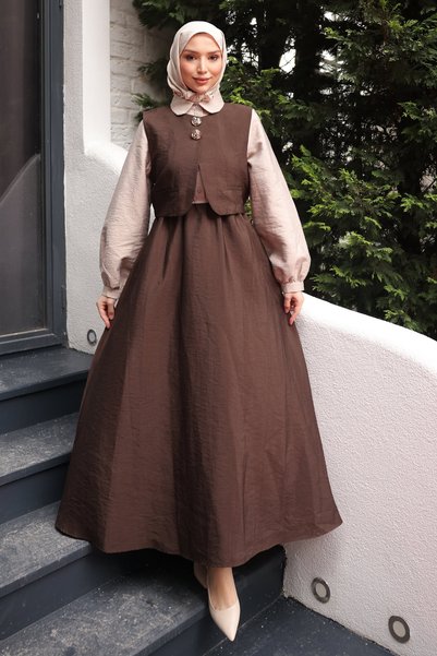 Brown Elastic Waist Vest Combined Dress Set