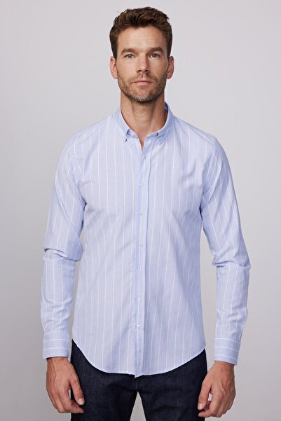 Машка кошула Slim Fit со долги ракави, јака со копчиња, пругаста, мека памучна текстура