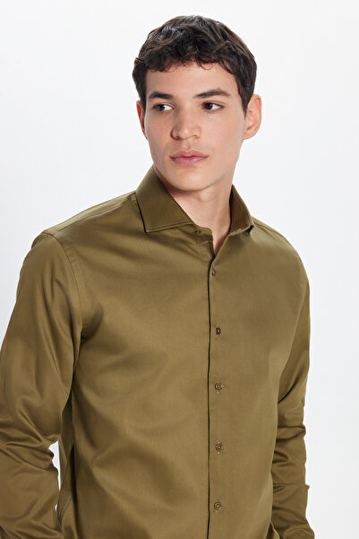 Машка зелена кошула од 100% памучен сатен, slim fit, премиум серија