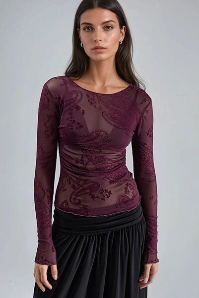 Busem Bodycon Long Sleeve Patterned Tulle Blouse