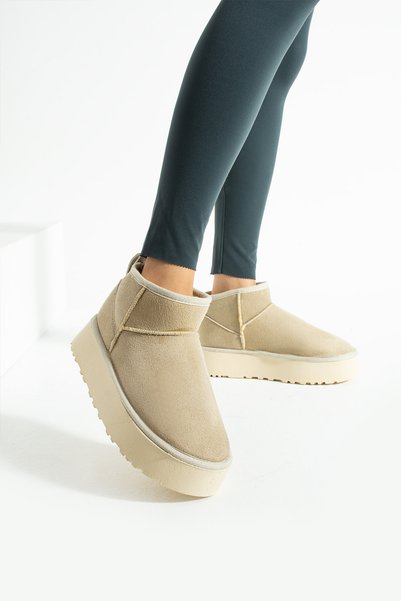 Beige Suede Thick Sole Boots with Wool Inside