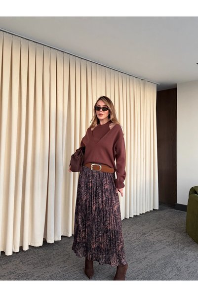 Brown Pleated Skirt with Elastic Waistband - 3375