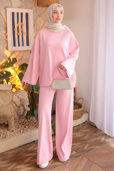 Pink Crew Neck Sweat Pants Set