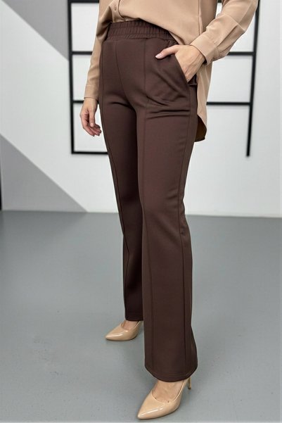 Brown Elastic Waist Scuba Pants