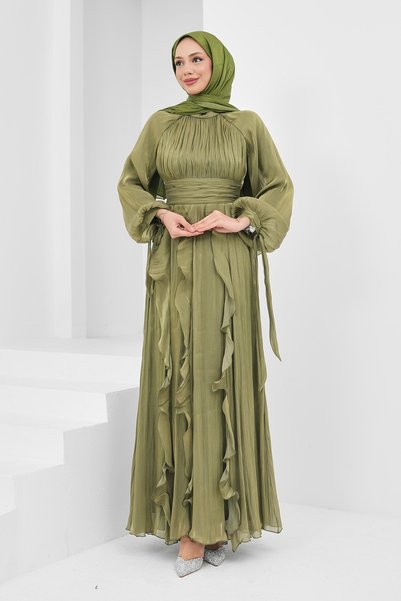 Oil Green Draped Front Sleeve Tie Evening Dress