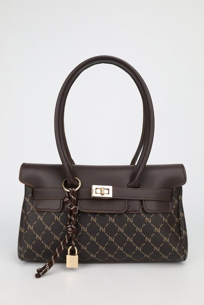 Women's Monogram Brown Leather Belted Charm Detailed Covered Hand and Shoulder Bag 16X30 cm Pera