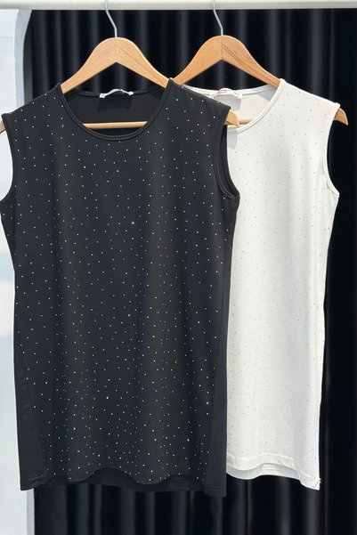 Black Crew Neck Sleeveless Jeweled Camisole