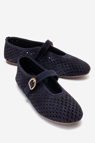Ari̇an Navy Blue Suede Genuine Leather Perforated Women's Ballerina Shoes