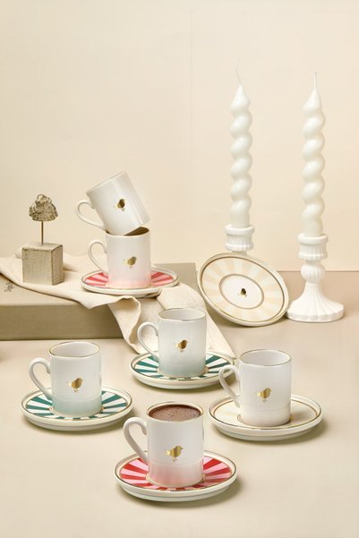 12 Pieces 6 Persons Lovely Birds Porcelain Gold Gilt Coffee Cup Set