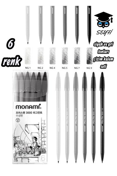 Monami 6 colors black and gray color tone drawing pen set 0.4 mm fine tip