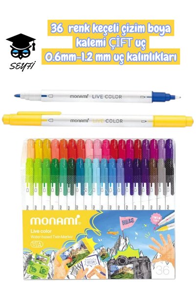 Monami 36 Colors Felt-Tip Drawing Paint Marker Pen Dual Tip 0.6mm-1.2 mm Tip Thicknesses