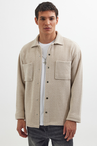 Men's Relaxed Fit Comfortable Cut Knitted Double Pocket Snap Button Dobby Shirt