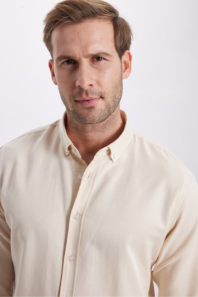 Men's Slim Fit Cotton Easy-Iron Cream Button-Down Collar Shirt