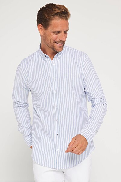 Машка кошула Slim Fit со долги ракави, јака со копчиња, пругаста, мека памучна текстура