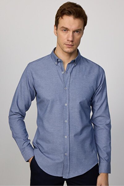 Slim fit машка кошула со долги ракави, јака на копчиња, памучна, лесна за пеглање, еднобојна