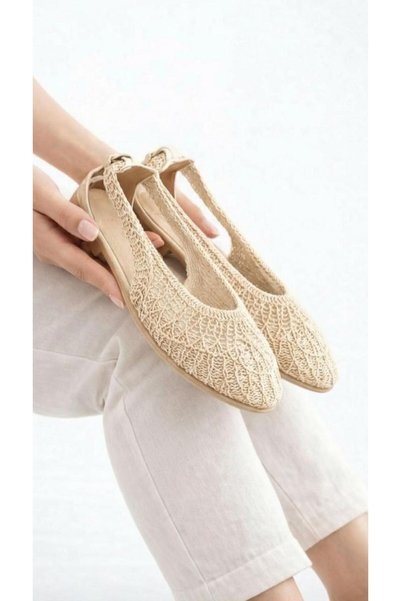 Women's Beige Open Back Bowknot Knitwear Ballerina 1cm Byndmtf03