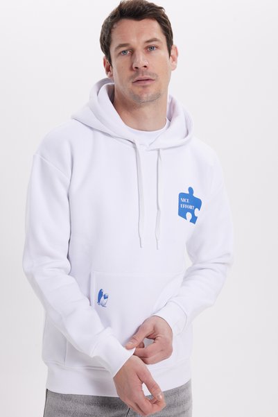 Unisex Oversize Wide Cut Cotton Soft Textured Printed White Hooded Sweatshirt with Fleece Inside