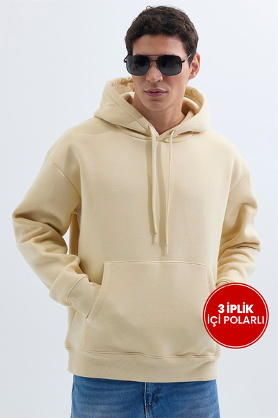 Unisex Oversize Wide Cut Cotton Soft Textured Basic Beige Hooded Sweatshirt with Fleece Inside