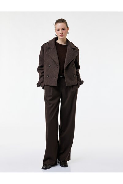 Pocketed Buttoned Long Sleeve Double-Breasted Short Melton Coat