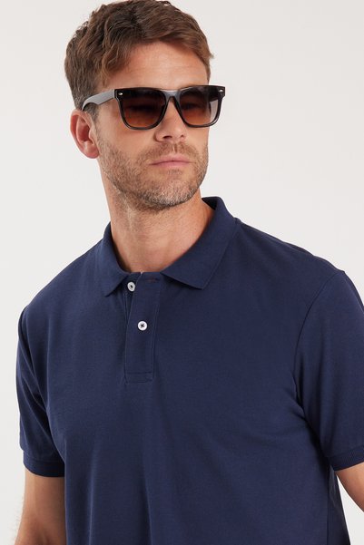 Men's Regular Fit Comfortable Cut Cotton Soft Texture Cool Fabric Plain Navy Blue Polo Neck T-Shirt