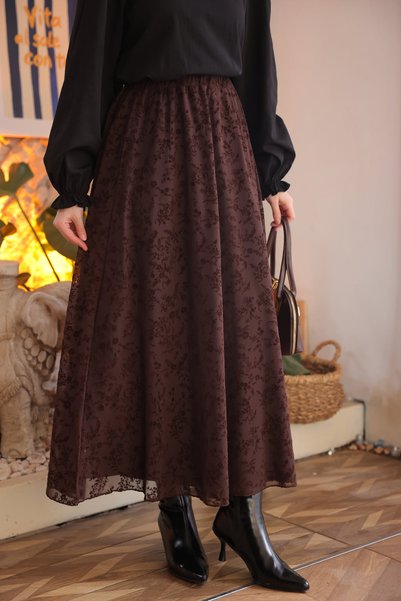 Brown Elastic Waist Lined Flocked Printed Tulle Skirt